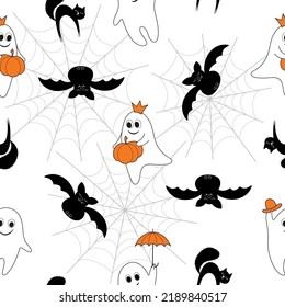 Happy Halloween. Endless background with ghosts, pumpkin, black cat and bat on a white background. Seamless Repeat Pattern. Vector pattern for textiles, packaging, paper, wallpaper.
