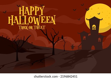 Happy halloween event flat banner vector template. Autumn holiday night party invitation card design layout. Scary, spooky cartoon background with pumpkin and lettering
