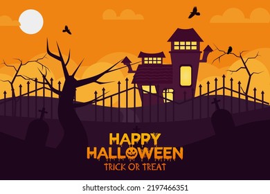 Happy halloween event flat banner vector template. Autumn holiday night party invitation card design layout. Scary, spooky cartoon background with pumpkin and lettering