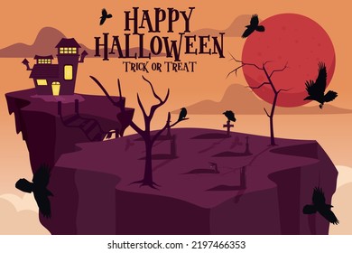 Happy halloween event flat banner vector template. Autumn holiday night party invitation card design layout. Scary, spooky cartoon background with pumpkin and lettering