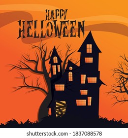 Happy Halloween event Halloween scary orange vector background. and haunted house at night