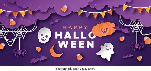 Happy Halloween event template, cute paper cut decoration with funny smiling faces for children celebration concept. Autumn holiday invitation design includes pumpkin, ghost and skeleton characters.