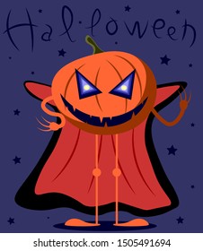 Happy halloween with evil pumpkin in a cloak. Vector illustration cartoon character.