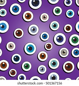 Happy Halloween. Eyeballs human. Seamless pattern repetitive scattered on a purple background. Vector illustration. Concept eyes Halloween holiday decor for children.