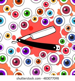 Happy Halloween. Eyeballs with the old blade for shaving. Seamless pattern repetitive background. Vector illustration.
