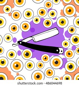 Happy Halloween. Eyeballs with the old blade for shaving. Seamless pattern repetitive background. Vector illustration.