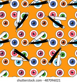 Happy Halloween. Eyeballs with the old blade for shaving. Seamless pattern repetitive background. Vector illustration.