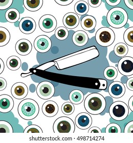 Happy Halloween. Eyeballs with the old blade for shaving. Seamless pattern repetitive background. Vector illustration. Vintage style.