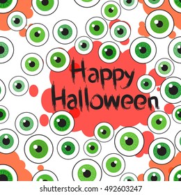 Happy Halloween. Eyeballs. Seamless pattern with black inscription and pink blood stains on the background. Vector illustration.