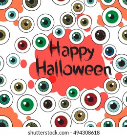 Happy Halloween. Eyeballs. Seamless pattern with black inscription and blood stains on the background. Vector illustration. Vintage style.