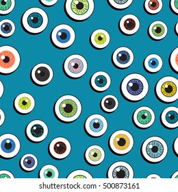 Happy Halloween. Eyeballs. Seamless pattern repetitive scattered on a bright background. Vector illustration. Concept eyes Halloween decor for children.