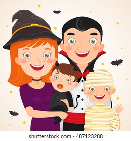 Happy Halloween family, costume party, father - vampire, mother - witch, child - mummy, baby girl - devil.