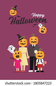 Happy Halloween Family with pumpkin head. Vector illustration