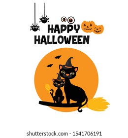 Happy halloween with fancy black cat with witch hat.