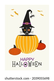 Happy Halloween fancy minimal style vector poster. Cute black Halloween cat in pumpkin design element. Little kitten in witch hat, pumpkins, bats cartoon illustration. October holiday greeting card