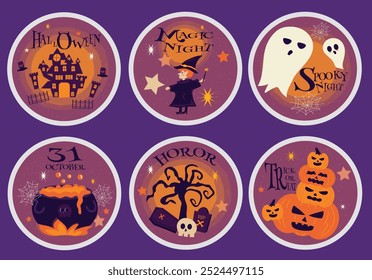 	
Feliz Halloween fantasía pegatina conjunto colección con linda mano dibujada Halloween forma redonda pegatinas
 Ilustración de diseño