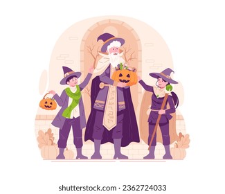 Happy Halloween. A Father and His Son and Daughter Dressed in Halloween Costumes Ready to Trick or Treating