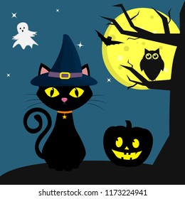 Happy Halloween. The Halloween feline witch sits next to the pumpkin. A tree, an owl, a full moon at night. Flying vampires, ghosts and stars. Vector, flat style, cartoon.