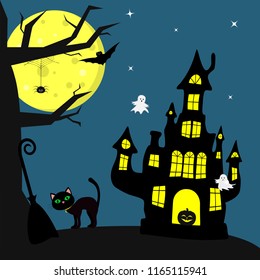 Happy Halloween. The Halloween feline witch stands next to the broom. Witch Castle, pumpkin, tree, spider, full moon at night. Flying vampires, ghosts and stars. Autumn holiday. Vector, flat style