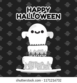 Happy Halloween festival, Halloween Cake, Ghosts decorate on top of cake on black halloween seamless pattern background.Vector illustration.