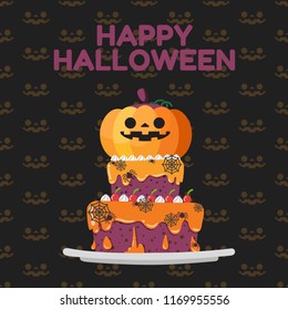 Happy Halloween festival, Halloween Cake, Jack-o-lantern pumpkin decorate on top of cake on black halloween seamless pattern background.Vector illustration.