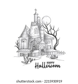 Happy Halloween festival creepy haunted house hand drawn background vector