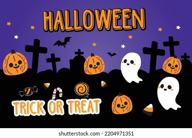 Happy Halloween festival trick or treat pumpkins, ghost, bat and candy on dark purple background