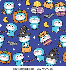 Feliz halloween festival.Seamless padrão de pinguim bonito vários poses noite background.Moon e star.Balloon,abóbora,mão bruxa desenhado.Animal personagem cartoon.Kawaii.Vetor.Illustration.