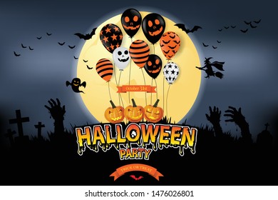 Happy Halloween festive abstract background, Scary air balloons, moon. Holiday party invitation. illustrator vector Eps10