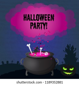 Happy Halloween festive background with inscription evil scary pumpkin and potion boiling in witch cauldron vector illustration