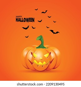 Happy Halloween. Festive background with orange pumpkins with cut scary smile, flying bats. Holiday poster, flyer, brochure and template cover. Vector illustration
