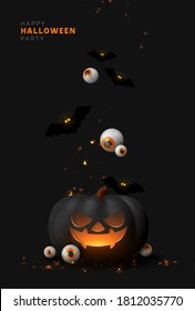 Happy Halloween. Festive background with realistic 3d black pumpkins, cut scary smile, flying bats. Holiday poster, banner, flyer, brochure and template cover. Vector illustration