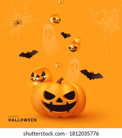 Happy Halloween. Festive background with realistic 3d orange pumpkins with cut scary smile, golden spider web and flying bats. Holiday poster, flyer, brochure and template cover. Vector illustration