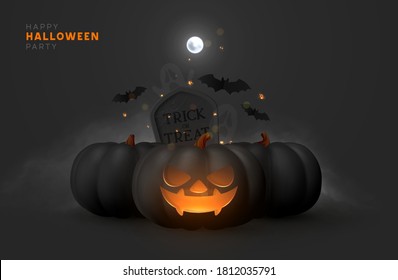 Happy Halloween. Festive background with realistic 3d black pumpkins, night cemetery with fog and full moon, tombstones with cut scary smile, flying bats. Holiday poster, banner. Vector illustration