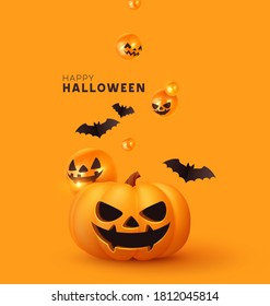 Happy Halloween. Festive background with realistic 3d orange pumpkins with cut scary smile, flying bats. Holiday poster, flyer, brochure and template cover. Vector illustration