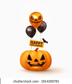 Happy Halloween. Festive background with realistic 3d orange pumpkins with cut scary smile, helium air balloons and flying bats. Holiday poster, flyer, brochure and template cover. Vector illustration