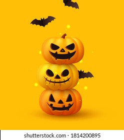 Happy Halloween. Festive background with realistic 3d orange pumpkins with cut scary smile, flying bats. Holiday poster, flyer, brochure and template cover. Vector illustration