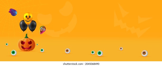 Happy Halloween. Festive background with realistic 3d orange pumpkins with cut scary smile, helium balloons and ghosts. Festive poster, flyer, brochure and cover template. Vector illustration