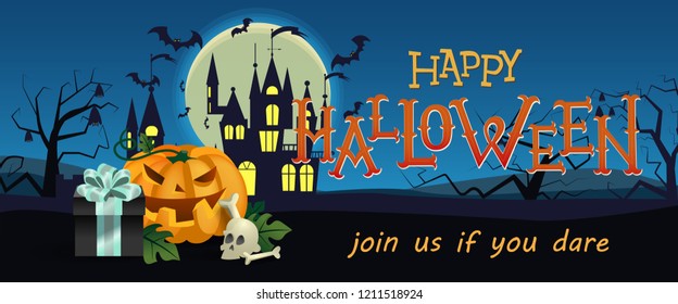Happy Halloween, festive banner design. Gift box, pumpkin, skull, gothic castle, flying bats and tree night silhouettes. Template can be used for flyers, posters, invitation cards