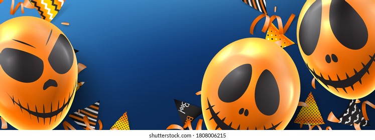 Happy Halloween festive banner. Holiday promo banner with spooky balloons, color garlands, orange serpentine and confetti on blue background. Vector illustration.
