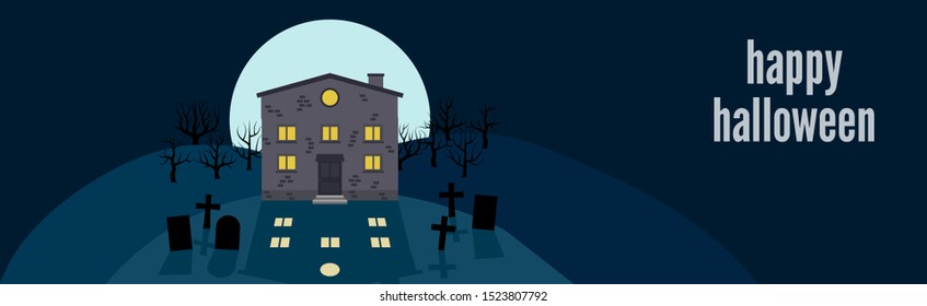 Happy Halloween. Festive banner with a lonely house on a background of the full moon at night. Vector illustration.
