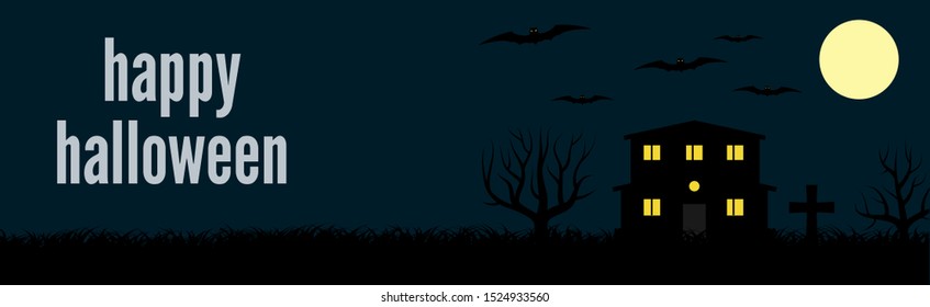 Happy Halloween festive banner with a lonely house and bats on a background of the full moon at night. Vector illustration.