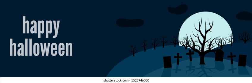 Happy Halloween festive banner with a lonely tree in the cemetery  on a background of the full moon at night. Vector illustration.