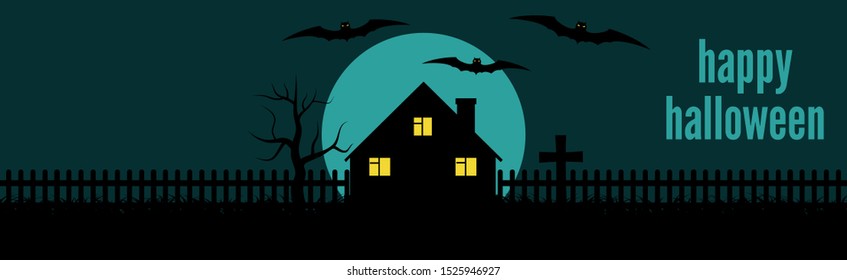 Happy Halloween festive banner with a lonely house and bats on a background of the full moon at night. Vector illustration.