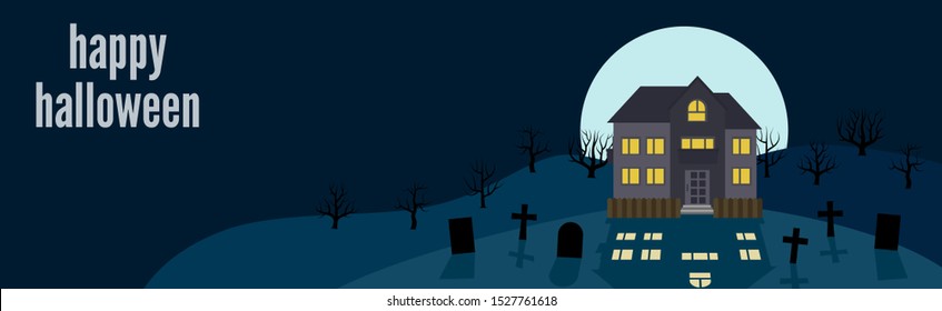 Happy Halloween. Festive banner with a lonely house on a background of the full moon at night. Vector illustration.