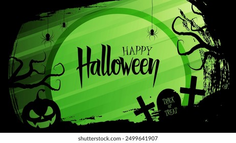 Happy Halloween festive banner. Halloween night background with hand lettering, black brush strokes and Halloween holiday spooky symbols. Vector illustration.