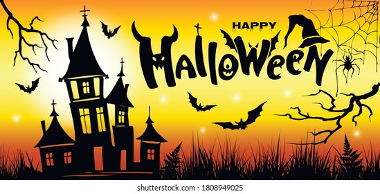 Happy halloween festive banner on orange background. Halloween card. Vector illustration.