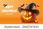 Happy Halloween festive banner. Orange festive banner with 3d spooky glowing pumpkins with Witch Hat . Vector illustration.
