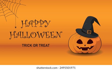 Happy Halloween festive banner. Orange festive banner with spooky pumpkin with witch hat. Vector illustration