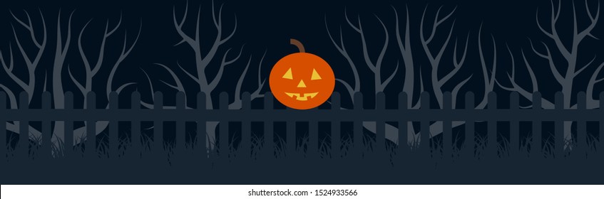 Happy Halloween festive banner with pumpkin head on the fence at night. Vector illustration.